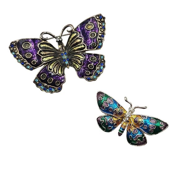 Vtg 2PC Purple Blue Cloisonne Butterfly Brooch Set Fairycore Whimsical Figural - Picture 1 of 11